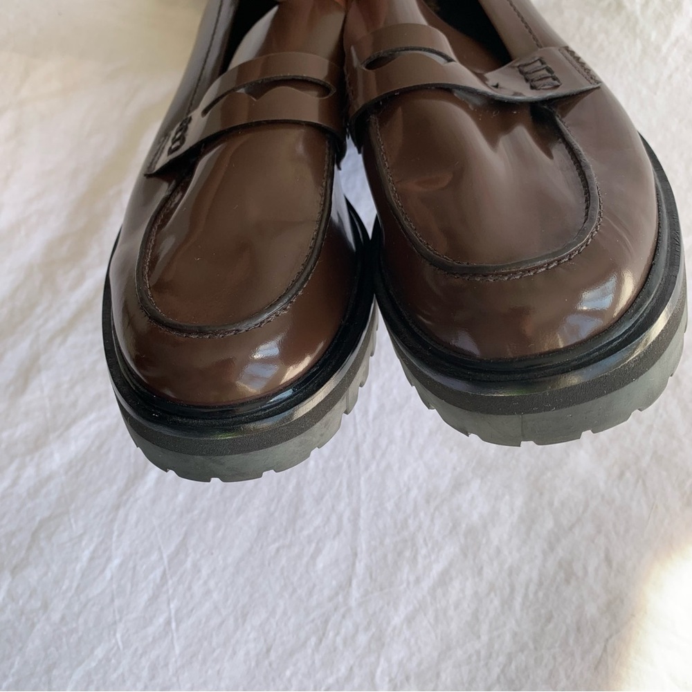 Reformation Agathea Chunky Loafer Leather Patent Shiny Platform Shoes Espresso - Picture 5 of 12